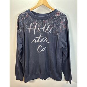 Hollister Floral Sweatshirt Pullover Size Large Navy Blue‎ Spellout